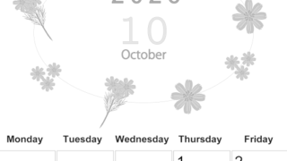 2026年10月縦型モノクロの日曜始まり 花イラストのかわいいA4無料白黒カレンダー(2026-00371010)