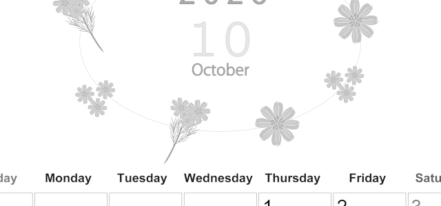 2026年10月縦型モノクロの日曜始まり 花イラストのかわいいA4無料白黒カレンダー(2026-00371010)