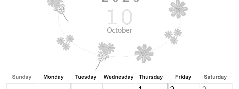 2026年10月縦型モノクロの日曜始まり 花イラストのかわいいA4無料白黒カレンダー(2026-00371010)