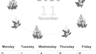 2026年11月縦型モノクロの日曜始まり 花イラストのかわいいA4無料白黒カレンダー(2026-00371110)