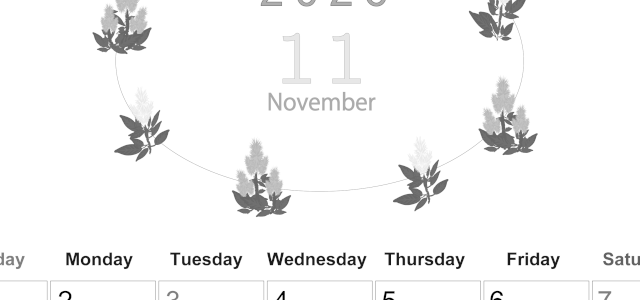 2026年11月縦型モノクロの日曜始まり 花イラストのかわいいA4無料白黒カレンダー(2026-00371110)