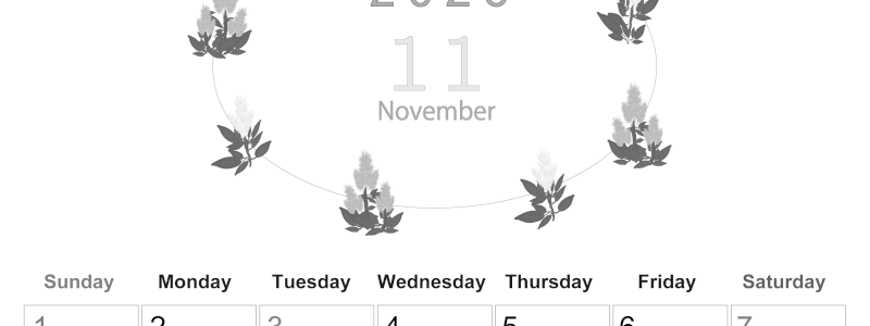 2026年11月縦型モノクロの日曜始まり 花イラストのかわいいA4無料白黒カレンダー(2026-00371110)