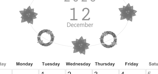 2026年12月縦型モノクロの日曜始まり ポインセチアがかわいいイラストA4無料白黒カレンダー(2026-00371210)