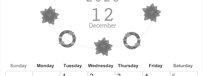 2026年12月縦型モノクロの日曜始まり ポインセチアがかわいいイラストA4無料白黒カレンダー(2026-00371210)