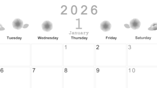 2026年1月横型モノクロの月曜始まり 花イラストのかわいいA4無料白黒カレンダー(2026-00370101)