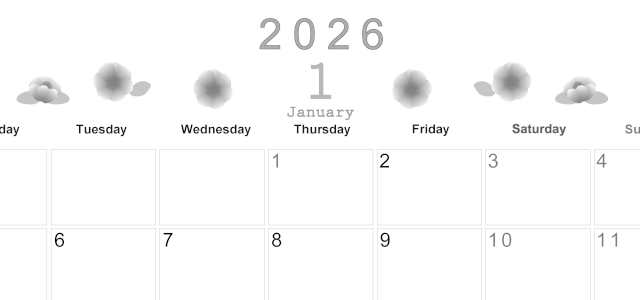 2026年1月横型モノクロの月曜始まり 花イラストのかわいいA4無料白黒カレンダー(2026-00370101)