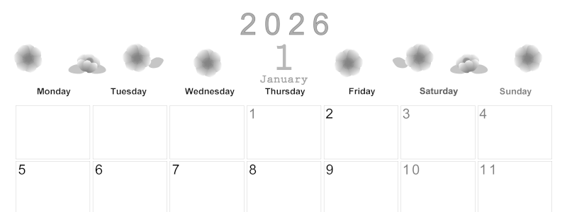 2026年1月横型モノクロの月曜始まり 花イラストのかわいいA4無料白黒カレンダー(2026-00370101)