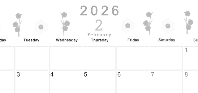 2026年2月横型モノクロの月曜始まり 草花がかわいいイラストA4無料白黒カレンダー(2026-00370201)