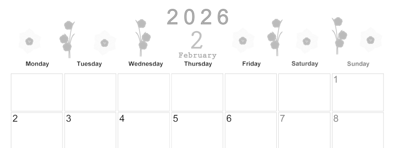 2026年2月横型モノクロの月曜始まり 草花がかわいいイラストA4無料白黒カレンダー(2026-00370201)