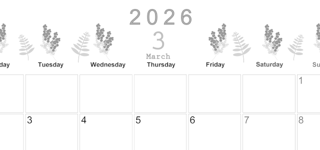 2026年3月横型モノクロの月曜始まり フラワーイラストのかわいいA4無料白黒カレンダー(2026-00370301)
