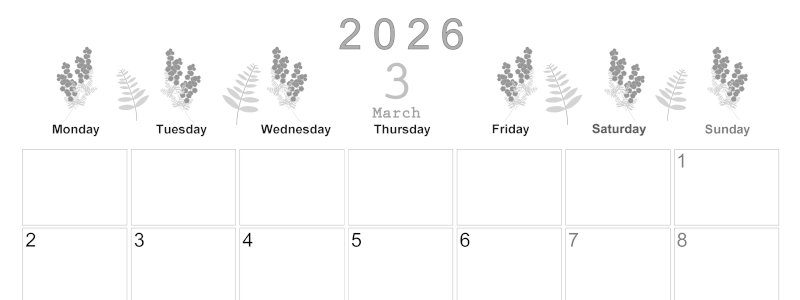 2026年3月横型モノクロの月曜始まり フラワーイラストのかわいいA4無料白黒カレンダー(2026-00370301)