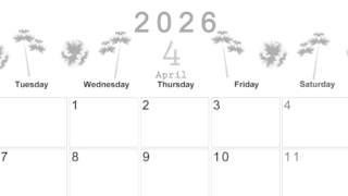 2026年4月横型モノクロの月曜始まり 牡丹桜イラストのかわいいA4無料白黒カレンダー(2026-00370401)