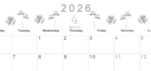 2026年4月横型モノクロの月曜始まり 牡丹桜イラストのかわいいA4無料白黒カレンダー(2026-00370401)