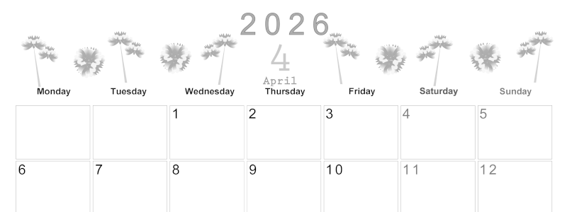 2026年4月横型モノクロの月曜始まり 牡丹桜イラストのかわいいA4無料白黒カレンダー(2026-00370401)