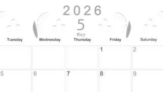 2026年5月横型モノクロの月曜始まり すずらんイラストのかわいいA4無料白黒カレンダー(2026-00370501)