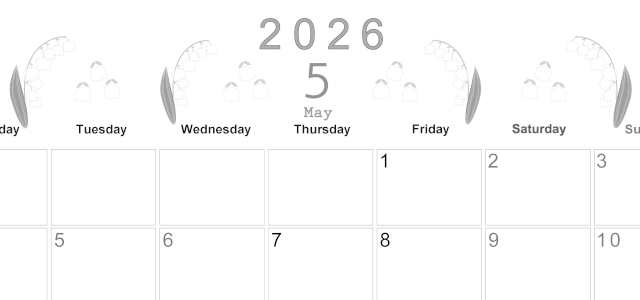 2026年5月横型モノクロの月曜始まり すずらんイラストのかわいいA4無料白黒カレンダー(2026-00370501)