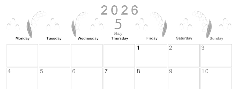 2026年5月横型モノクロの月曜始まり すずらんイラストのかわいいA4無料白黒カレンダー(2026-00370501)