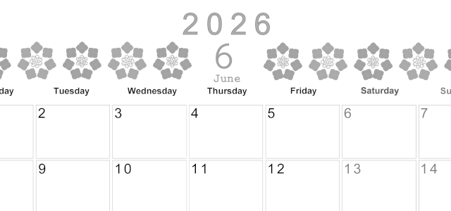 2026年6月横型モノクロの月曜始まり あじさいイラストのかわいいA4無料白黒カレンダー(2026-00370601)