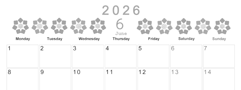 2026年6月横型モノクロの月曜始まり あじさいイラストのかわいいA4無料白黒カレンダー(2026-00370601)