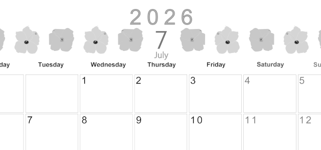 2026年7月横型モノクロの月曜始まり 花のイラストがかわいいA4無料白黒カレンダー(2026-00370701)