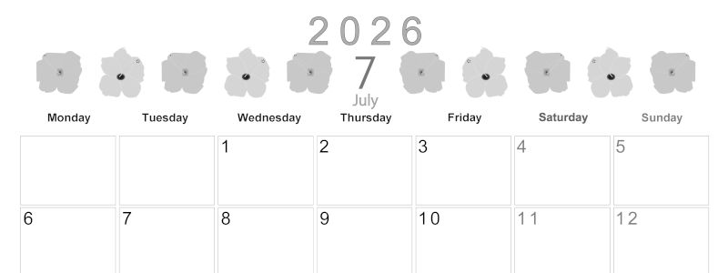 2026年7月横型モノクロの月曜始まり 花のイラストがかわいいA4無料白黒カレンダー(2026-00370701)