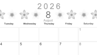 2026年8月横型モノクロの月曜始まり プルメリアがかわいいイラストA4無料白黒カレンダー(2026-00370801)