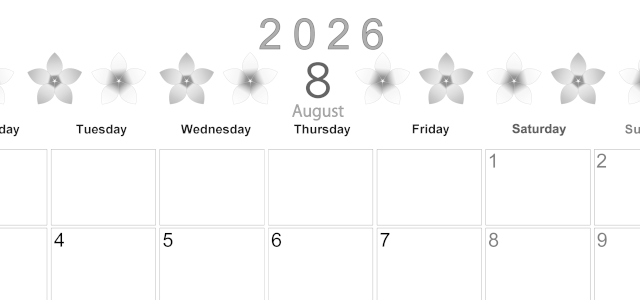 2026年8月横型モノクロの月曜始まり プルメリアがかわいいイラストA4無料白黒カレンダー(2026-00370801)