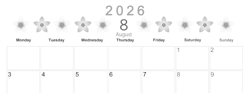 2026年8月横型モノクロの月曜始まり プルメリアがかわいいイラストA4無料白黒カレンダー(2026-00370801)