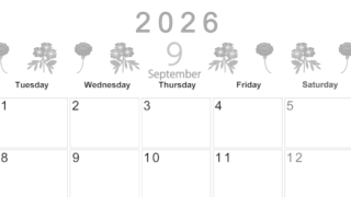 2026年9月横型モノクロの月曜始まり 花イラストのかわいいA4無料白黒カレンダー(2026-00370901)