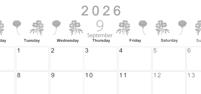 2026年9月横型モノクロの月曜始まり 花イラストのかわいいA4無料白黒カレンダー(2026-00370901)