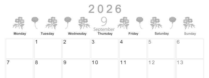 2026年9月横型モノクロの月曜始まり 花イラストのかわいいA4無料白黒カレンダー(2026-00370901)