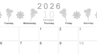 2026年10月横型モノクロの月曜始まり 花イラストのかわいいA4無料白黒カレンダー(2026-00371001)