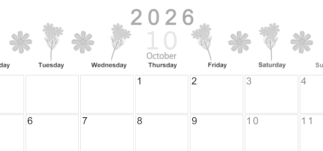2026年10月横型モノクロの月曜始まり 花イラストのかわいいA4無料白黒カレンダー(2026-00371001)