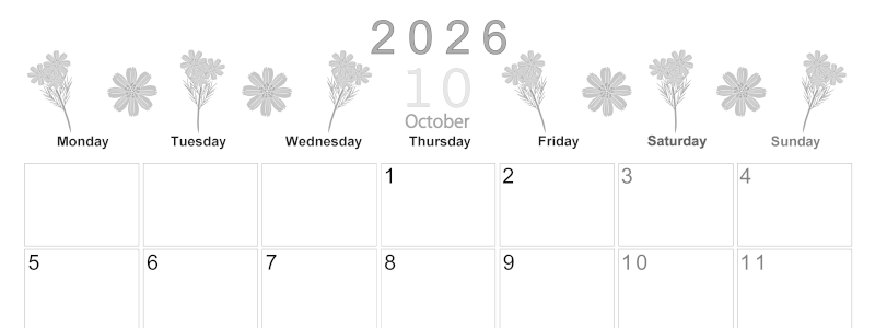 2026年10月横型モノクロの月曜始まり 花イラストのかわいいA4無料白黒カレンダー(2026-00371001)