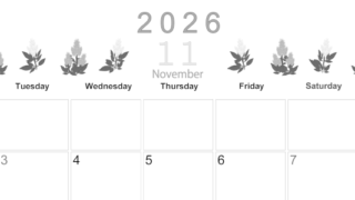 2026年11月横型モノクロの月曜始まり 花イラストのかわいいA4無料白黒カレンダー(2026-00371101)