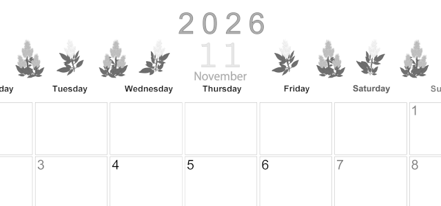 2026年11月横型モノクロの月曜始まり 花イラストのかわいいA4無料白黒カレンダー(2026-00371101)