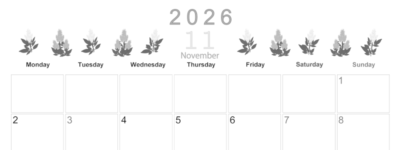 2026年11月横型モノクロの月曜始まり 花イラストのかわいいA4無料白黒カレンダー(2026-00371101)