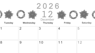 2026年12月横型モノクロの月曜始まり ポインセチアがかわいいイラストA4無料白黒カレンダー(2026-00371201)