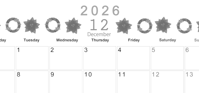2026年12月横型モノクロの月曜始まり ポインセチアがかわいいイラストA4無料白黒カレンダー(2026-00371201)
