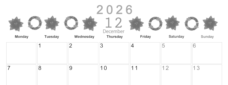 2026年12月横型モノクロの月曜始まり ポインセチアがかわいいイラストA4無料白黒カレンダー(2026-00371201)