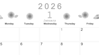 2026年1月横型モノクロの日曜始まり 季節の花イラストのかわいいA4無料白黒カレンダー(2026-00370100)