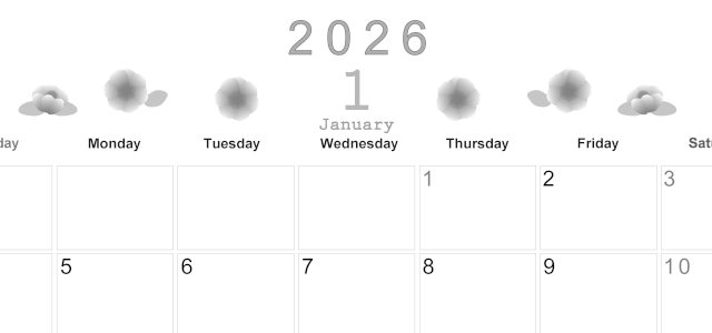 2026年1月横型モノクロの日曜始まり 季節の花イラストのかわいいA4無料白黒カレンダー(2026-00370100)