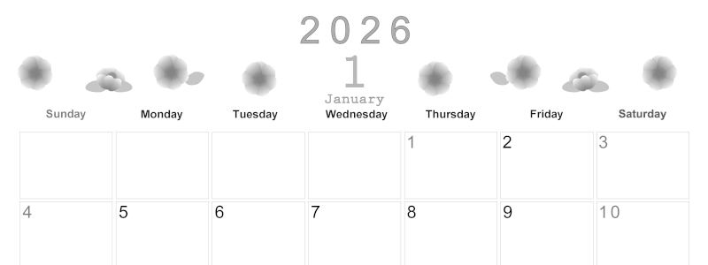 2026年1月横型モノクロの日曜始まり 季節の花イラストのかわいいA4無料白黒カレンダー(2026-00370100)