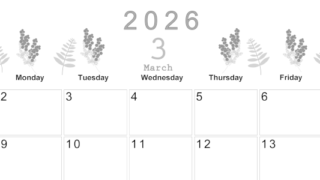2026年3月横型モノクロの日曜始まり フラワーイラストのかわいいA4無料白黒カレンダー(2026-00370300)