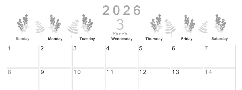 2026年3月横型モノクロの日曜始まり フラワーイラストのかわいいA4無料白黒カレンダー(2026-00370300)
