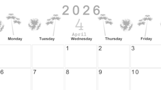 2026年4月横型モノクロの日曜始まり 牡丹桜イラストのかわいいA4無料白黒カレンダー(2026-00370400)