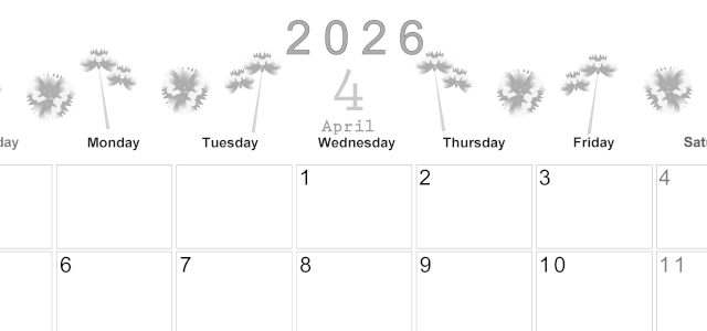 2026年4月横型モノクロの日曜始まり 牡丹桜イラストのかわいいA4無料白黒カレンダー(2026-00370400)