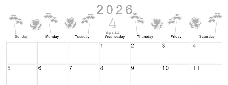 2026年4月横型モノクロの日曜始まり 牡丹桜イラストのかわいいA4無料白黒カレンダー(2026-00370400)