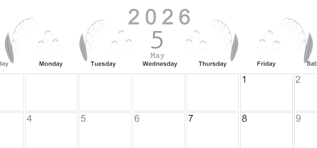 2026年5月横型モノクロの日曜始まり すずらんイラストのかわいいA4無料白黒カレンダー(2026-00370500)