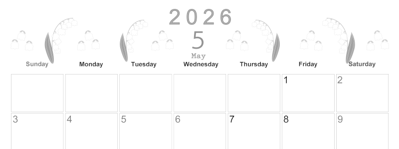 2026年5月横型モノクロの日曜始まり すずらんイラストのかわいいA4無料白黒カレンダー(2026-00370500)